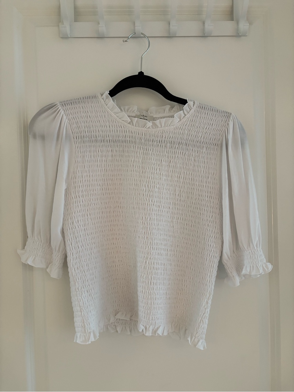 Aritzia White Smocked Ruffle Neck Blouse